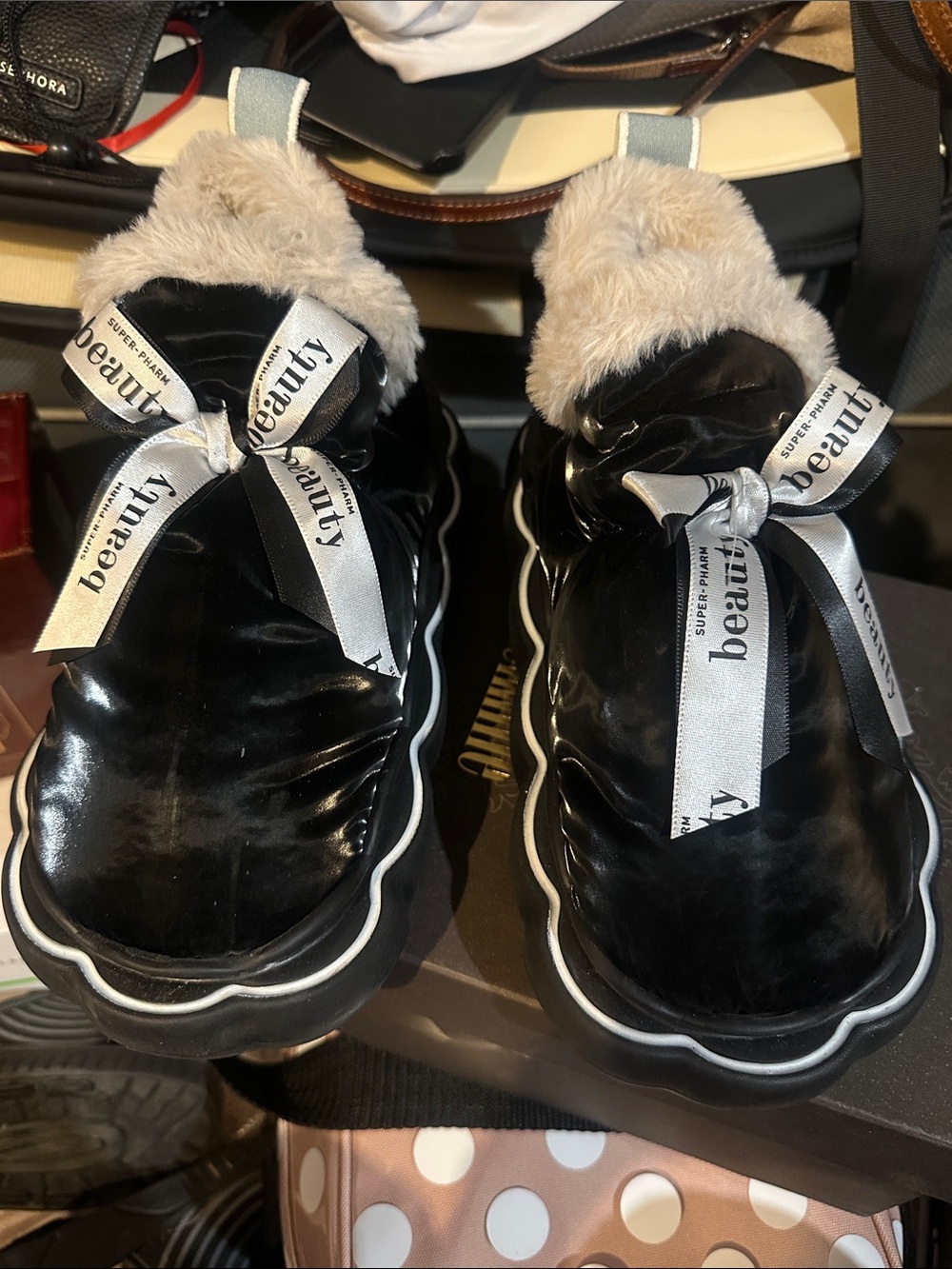 WATERPROOF Black Slip-On Sneakers with Cream Faux-Fur Trim and Branded Ribbon